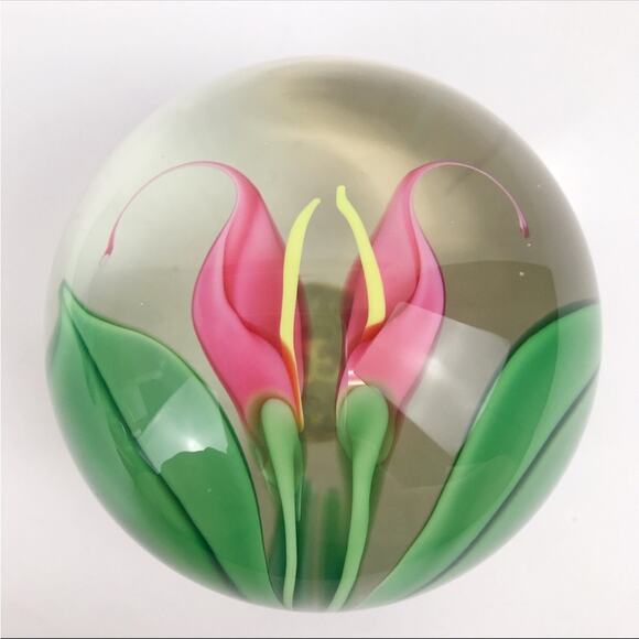 Orient & Flume Pink Callalily Flower Lampwork Paperweight Vintage Beyers Bag COA - Picture 1 of 15